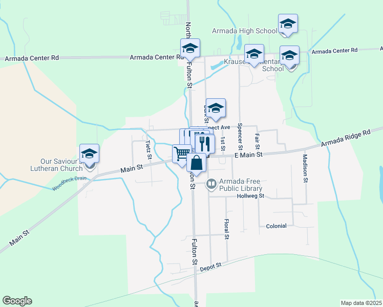 map of restaurants, bars, coffee shops, grocery stores, and more near in Armada