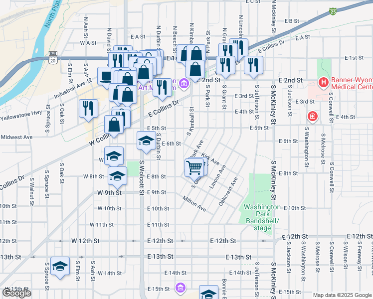 map of restaurants, bars, coffee shops, grocery stores, and more near 443 Kirk Avenue in Casper