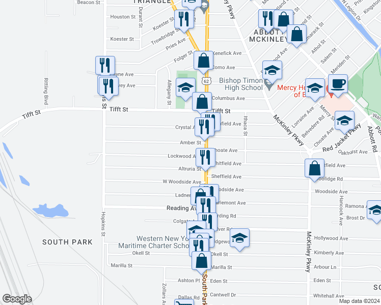 map of restaurants, bars, coffee shops, grocery stores, and more near 192 Lockwood Avenue in Buffalo