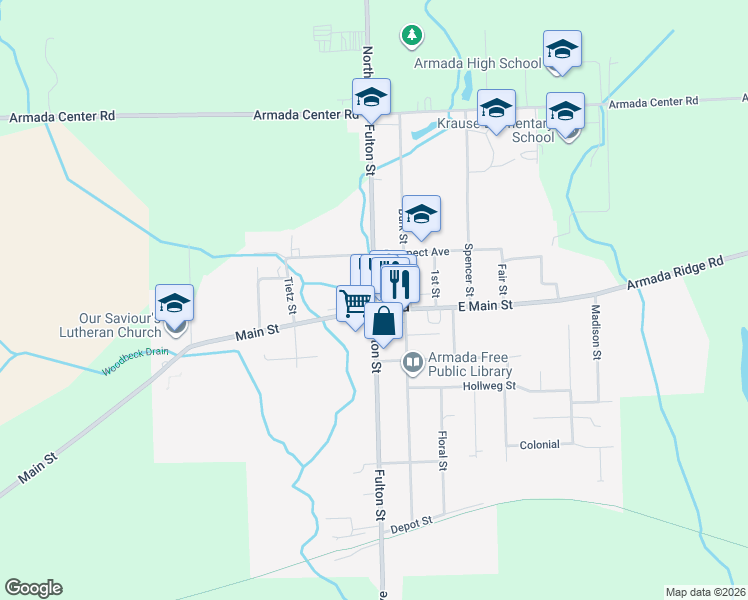 map of restaurants, bars, coffee shops, grocery stores, and more near in Armada
