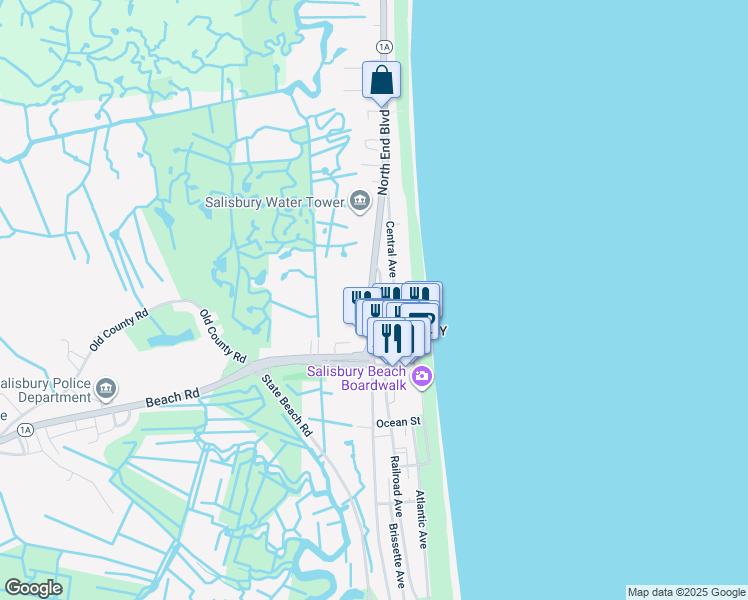 map of restaurants, bars, coffee shops, grocery stores, and more near 17 Old Town Way in Salisbury