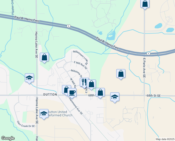 map of restaurants, bars, coffee shops, grocery stores, and more near 3535 Grindstone Court in Caledonia