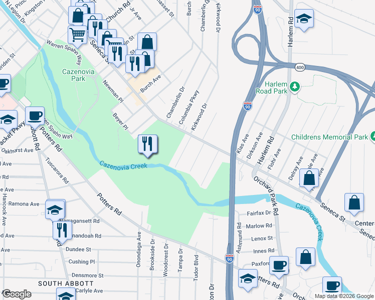 map of restaurants, bars, coffee shops, grocery stores, and more near 18 Wichita Road in West Seneca