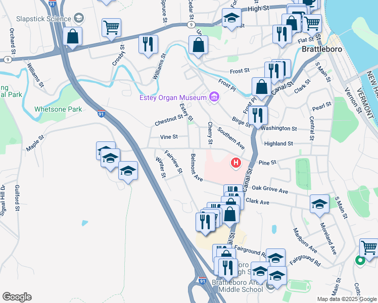 map of restaurants, bars, coffee shops, grocery stores, and more near 150 Maple St in Brattleboro