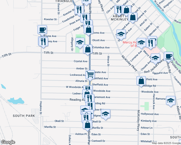 map of restaurants, bars, coffee shops, grocery stores, and more near 1996 South Park Avenue in Buffalo