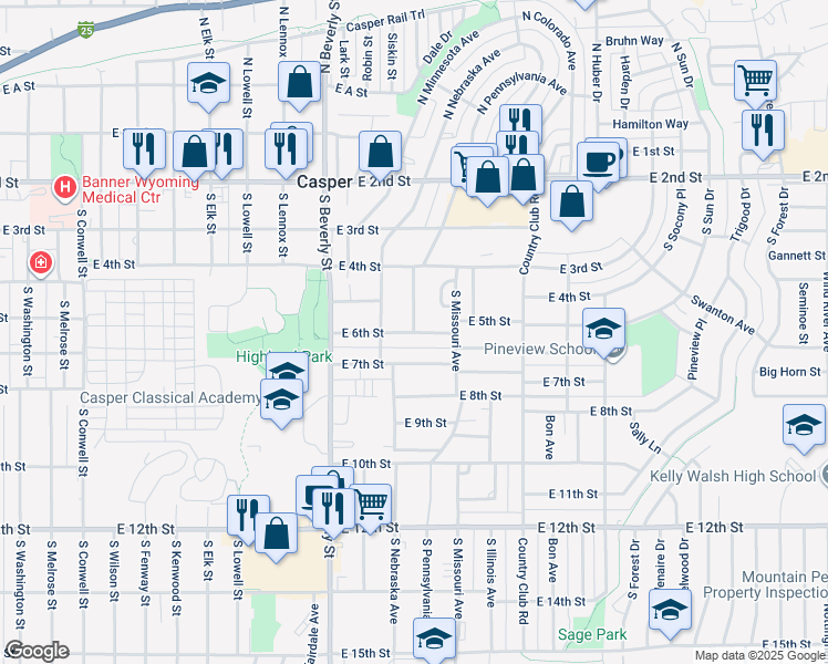 map of restaurants, bars, coffee shops, grocery stores, and more near 2500 East 6th Street in Casper