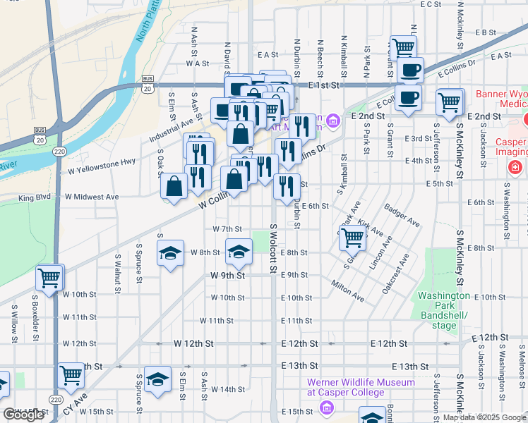 map of restaurants, bars, coffee shops, grocery stores, and more near 29 East 6th Street in Casper