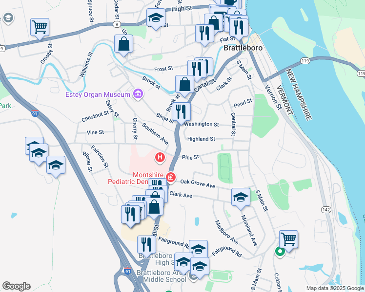 map of restaurants, bars, coffee shops, grocery stores, and more near 276 Canal Street in Brattleboro