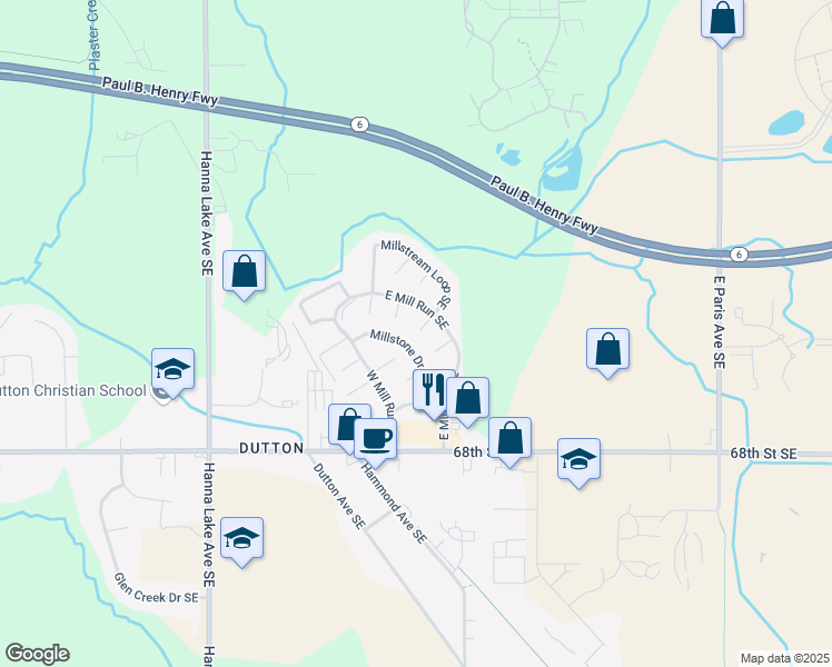 map of restaurants, bars, coffee shops, grocery stores, and more near 3535 Grindstone Court in Caledonia