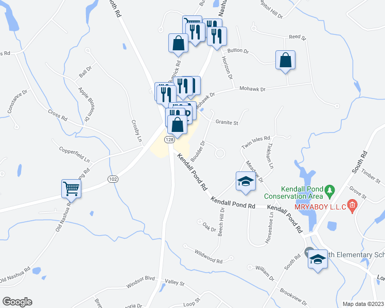 map of restaurants, bars, coffee shops, grocery stores, and more near 56 Boulder Drive in Londonderry