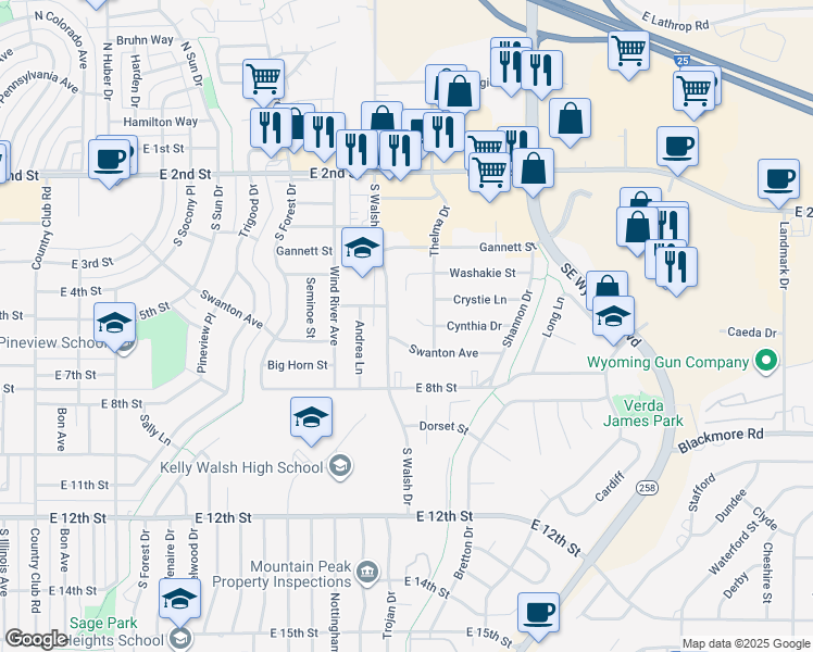 map of restaurants, bars, coffee shops, grocery stores, and more near 3870 Cynthia Drive in Casper