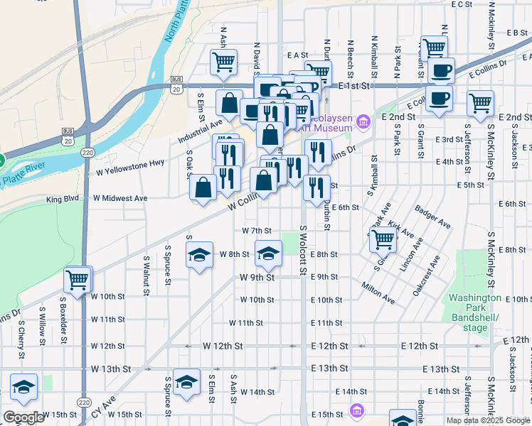 map of restaurants, bars, coffee shops, grocery stores, and more near 133 West 6th Street in Casper
