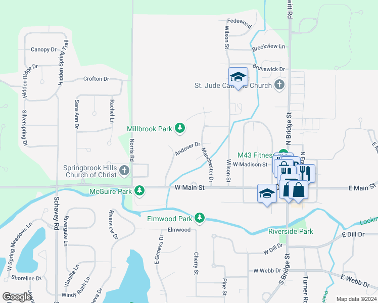 map of restaurants, bars, coffee shops, grocery stores, and more near 825 Andover Drive in DeWitt