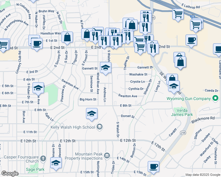 map of restaurants, bars, coffee shops, grocery stores, and more near 570 South Walsh Drive in Casper