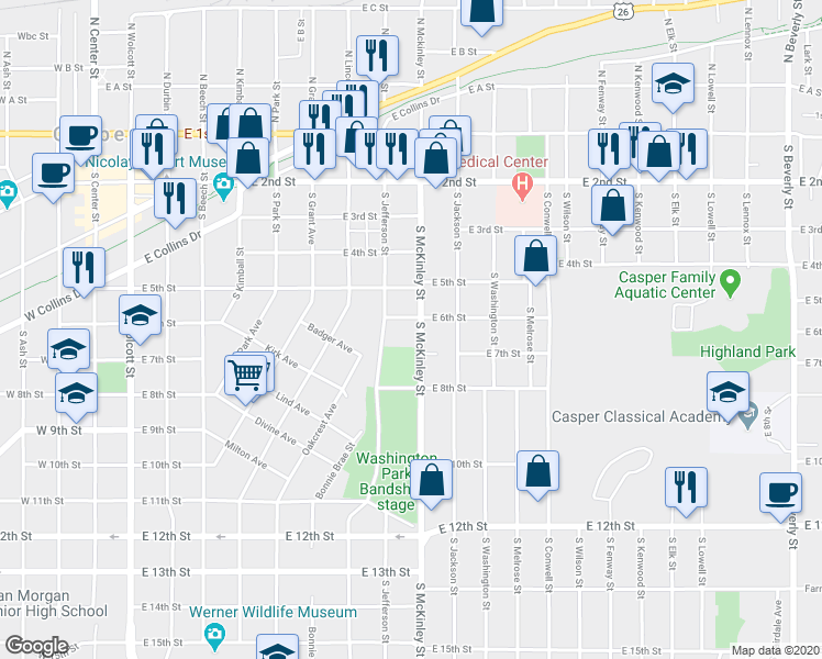map of restaurants, bars, coffee shops, grocery stores, and more near 612 South McKinley Street in Casper