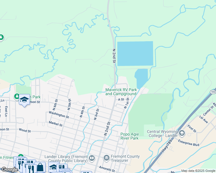 map of restaurants, bars, coffee shops, grocery stores, and more near 1305 North 2nd Street in Lander