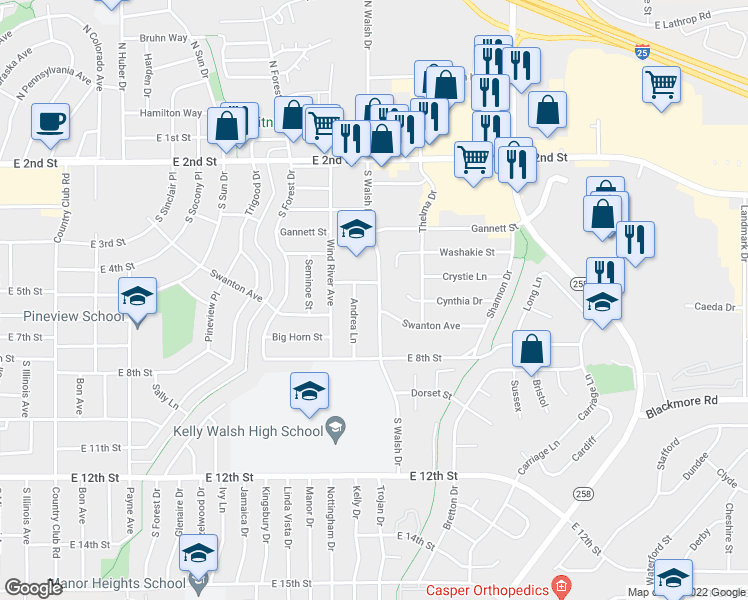 map of restaurants, bars, coffee shops, grocery stores, and more near 570 South Walsh Drive in Casper