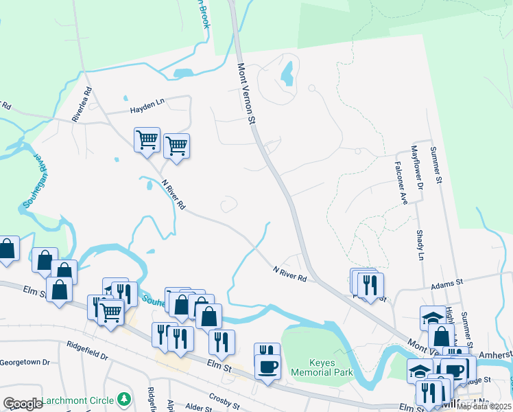 map of restaurants, bars, coffee shops, grocery stores, and more near 7 Hutchinson Drive in Milford
