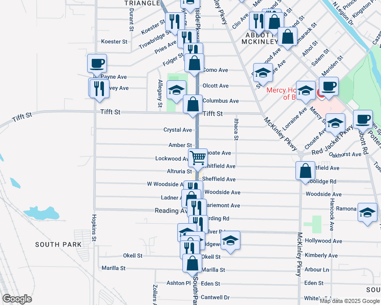 map of restaurants, bars, coffee shops, grocery stores, and more near 192 Lockwood Avenue in Buffalo