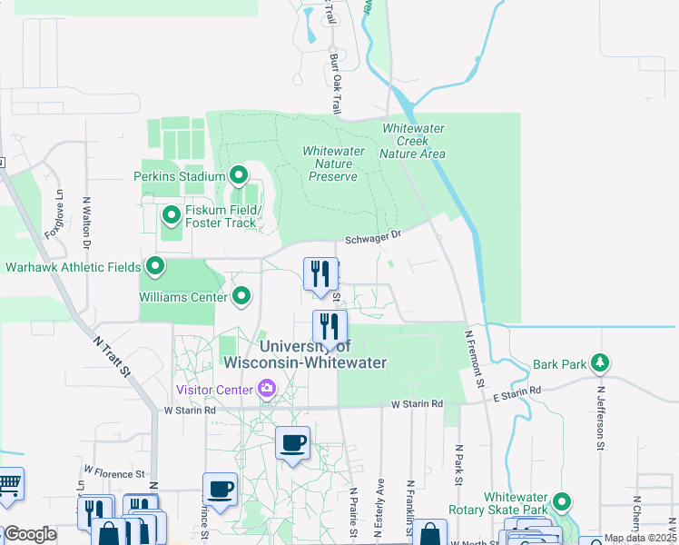map of restaurants, bars, coffee shops, grocery stores, and more near East Lauderdale Drive in Whitewater