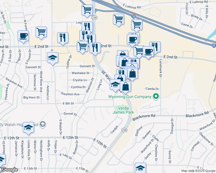 map of restaurants, bars, coffee shops, grocery stores, and more near 401-649 Long Ln in Casper