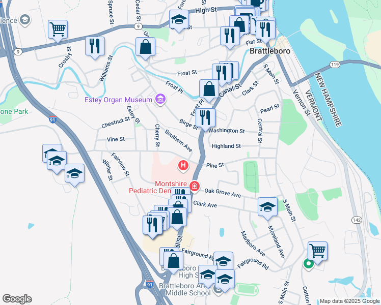 map of restaurants, bars, coffee shops, grocery stores, and more near 111 Southern Avenue in Brattleboro