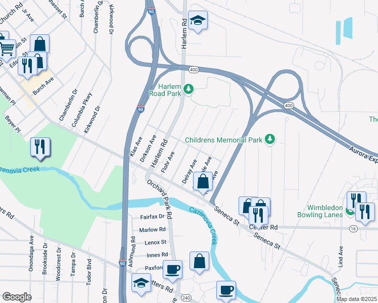 map of restaurants, bars, coffee shops, grocery stores, and more near 81 Bellwood Avenue in West Seneca