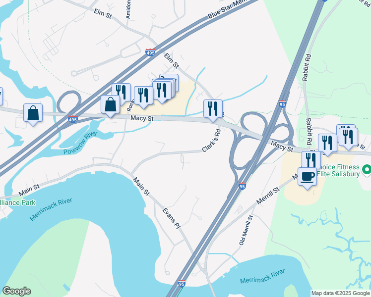 map of restaurants, bars, coffee shops, grocery stores, and more near 20 Clark's Road in Amesbury