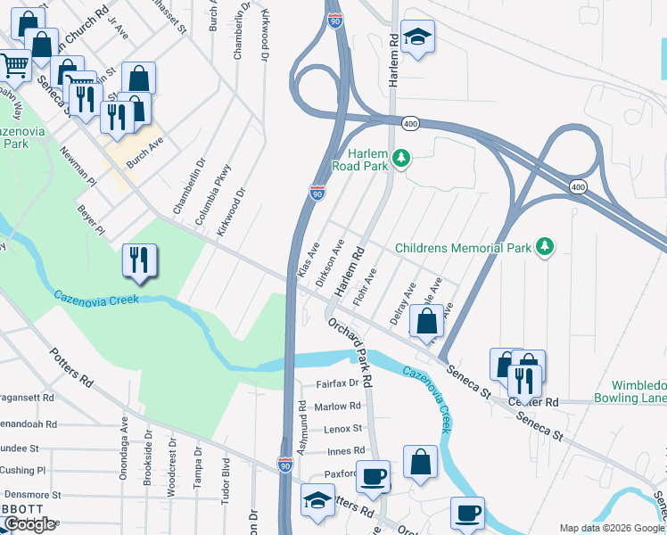 map of restaurants, bars, coffee shops, grocery stores, and more near 41 Dirkson Avenue in West Seneca