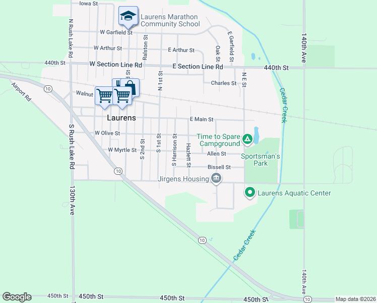 map of restaurants, bars, coffee shops, grocery stores, and more near 200 East Myrtle Street in Laurens
