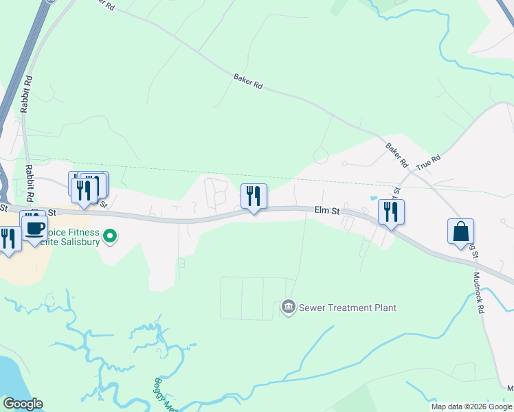 map of restaurants, bars, coffee shops, grocery stores, and more near 138 Elm Street in Salisbury