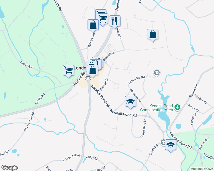 map of restaurants, bars, coffee shops, grocery stores, and more near 33 Boulder Drive in Londonderry