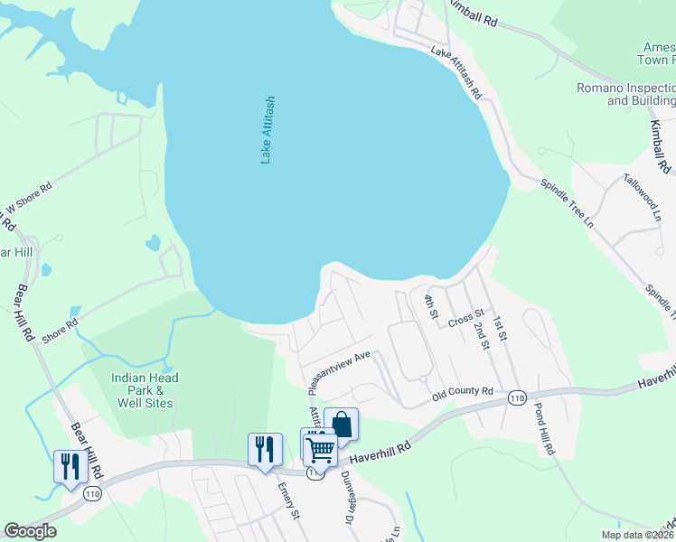 map of restaurants, bars, coffee shops, grocery stores, and more near 3 Oak Circle in Merrimac