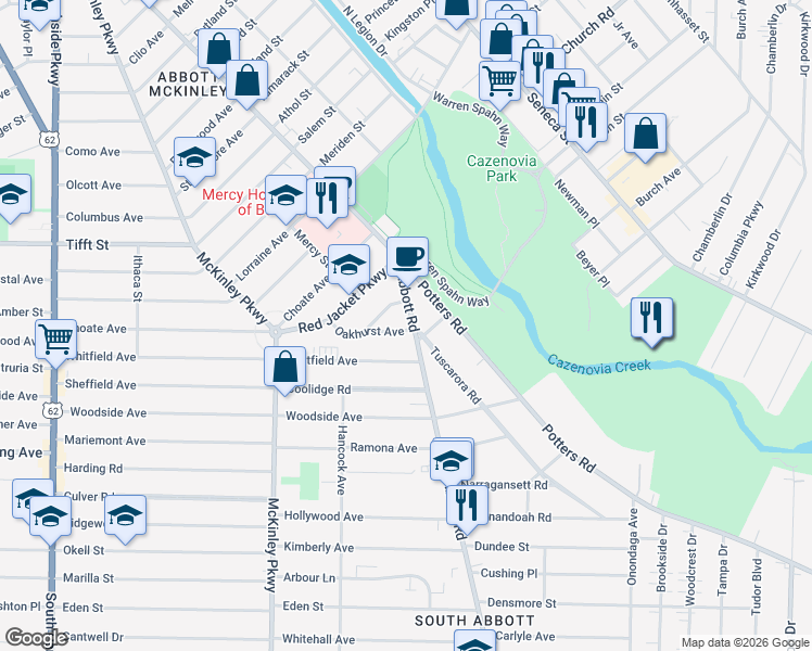 map of restaurants, bars, coffee shops, grocery stores, and more near 719 Abbott Road in Buffalo
