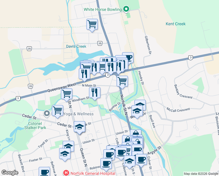 map of restaurants, bars, coffee shops, grocery stores, and more near 28 North Main Street in Simcoe