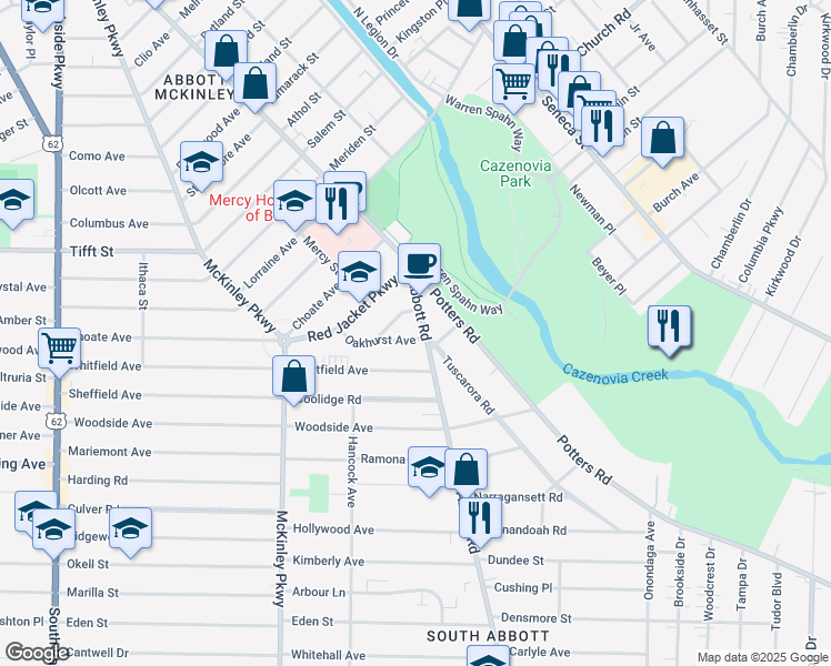 map of restaurants, bars, coffee shops, grocery stores, and more near 719 Abbott Road in Buffalo