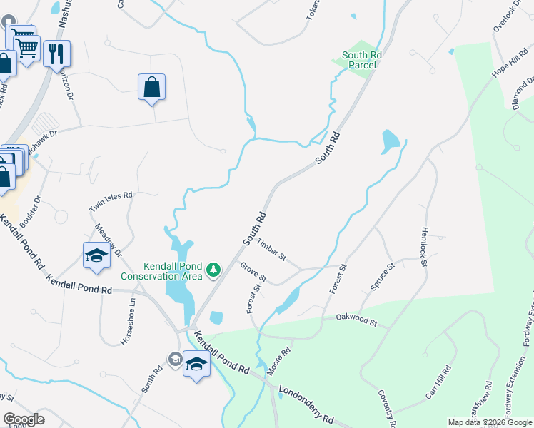 map of restaurants, bars, coffee shops, grocery stores, and more near 116 South Road in Londonderry