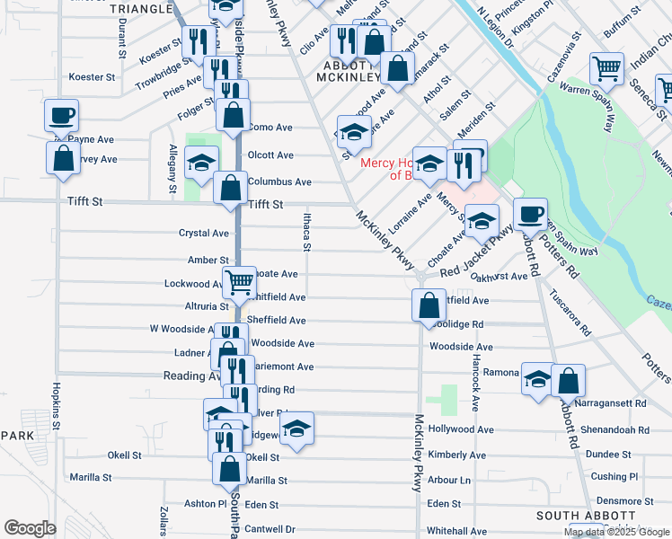 map of restaurants, bars, coffee shops, grocery stores, and more near 124 Choate Avenue in Buffalo