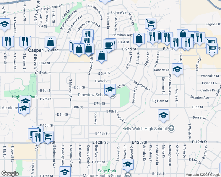 map of restaurants, bars, coffee shops, grocery stores, and more near 501 Payne Avenue in Casper