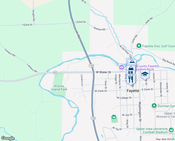 map of restaurants, bars, coffee shops, grocery stores, and more near 641 West Water Street in Fayette