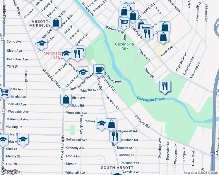 map of restaurants, bars, coffee shops, grocery stores, and more near 85 Potters Road in Buffalo