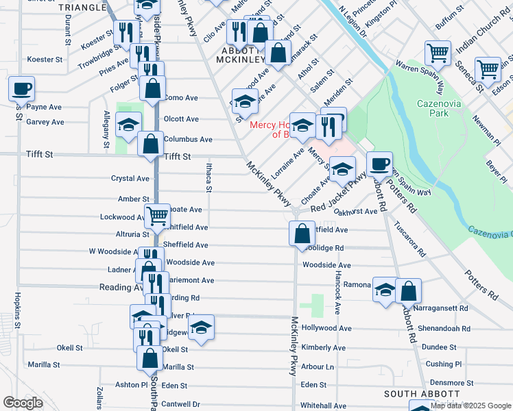 map of restaurants, bars, coffee shops, grocery stores, and more near 166 Choate Avenue in Buffalo