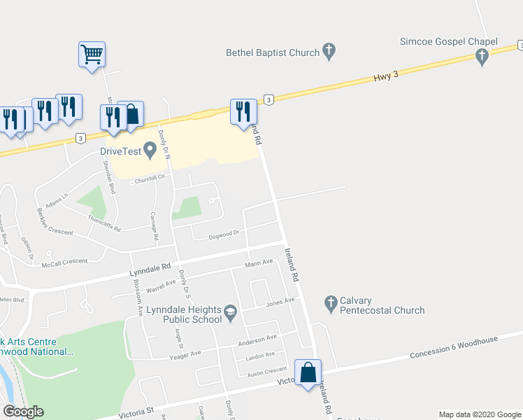 map of restaurants, bars, coffee shops, grocery stores, and more near 43 Ross Avenue North in Simcoe