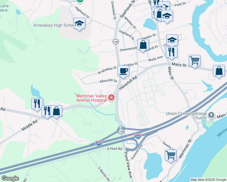 map of restaurants, bars, coffee shops, grocery stores, and more near 19 Haverhill Road in Amesbury