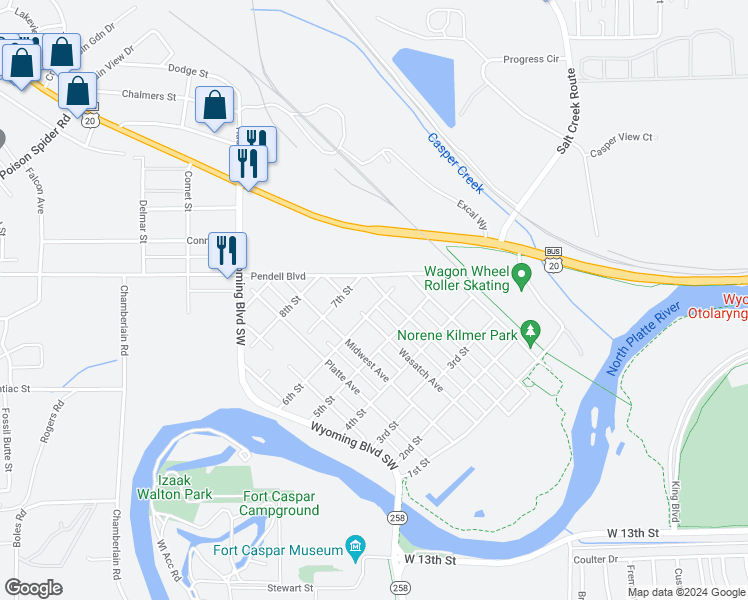 map of restaurants, bars, coffee shops, grocery stores, and more near 302 6th Street in Mills