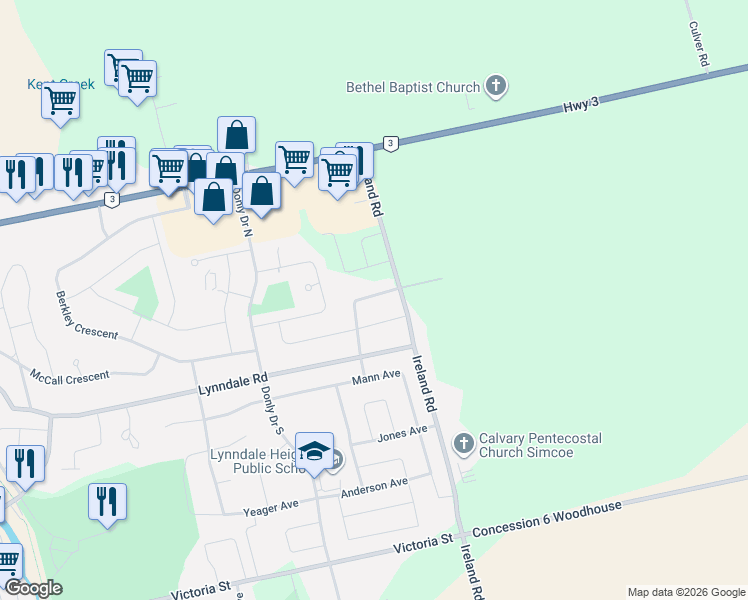 map of restaurants, bars, coffee shops, grocery stores, and more near 43 Ross Avenue North in Simcoe