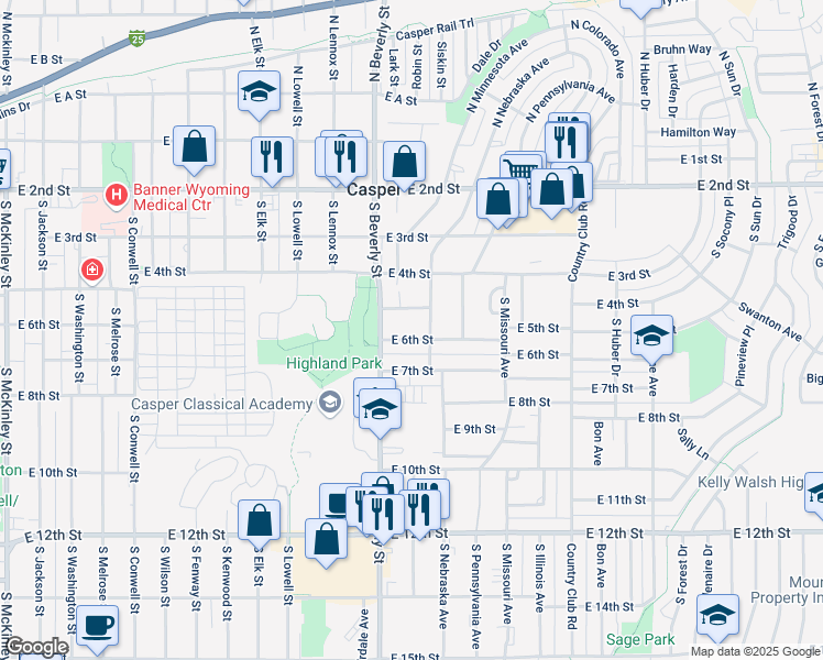 map of restaurants, bars, coffee shops, grocery stores, and more near 554 South Nebraska Avenue in Casper