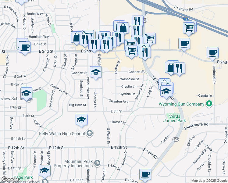 map of restaurants, bars, coffee shops, grocery stores, and more near 3870 Cynthia Drive in Casper