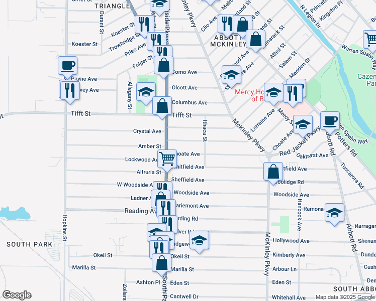 map of restaurants, bars, coffee shops, grocery stores, and more near in Buffalo
