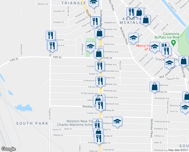 map of restaurants, bars, coffee shops, grocery stores, and more near 192 Lockwood Avenue in Buffalo